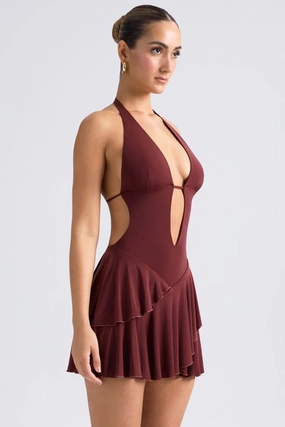 Ruffled Cut-Out Halterneck Mini Dress in Chestnut Brown Dresses - sundresses outlet