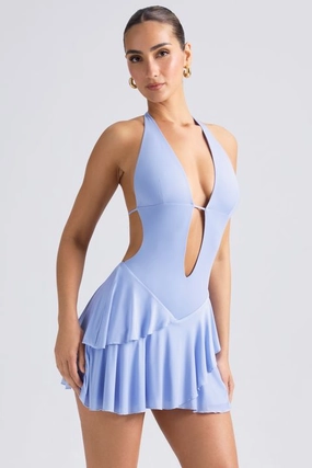 Ruffled Cut-Out Halterneck Mini Dress in Periwinkle Blue Dresses - wrap dresses discount