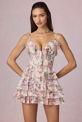 Ruffled Lace-Up A-Line Mini Dress in Primrose Floral Print Dresses - lace dresses best price