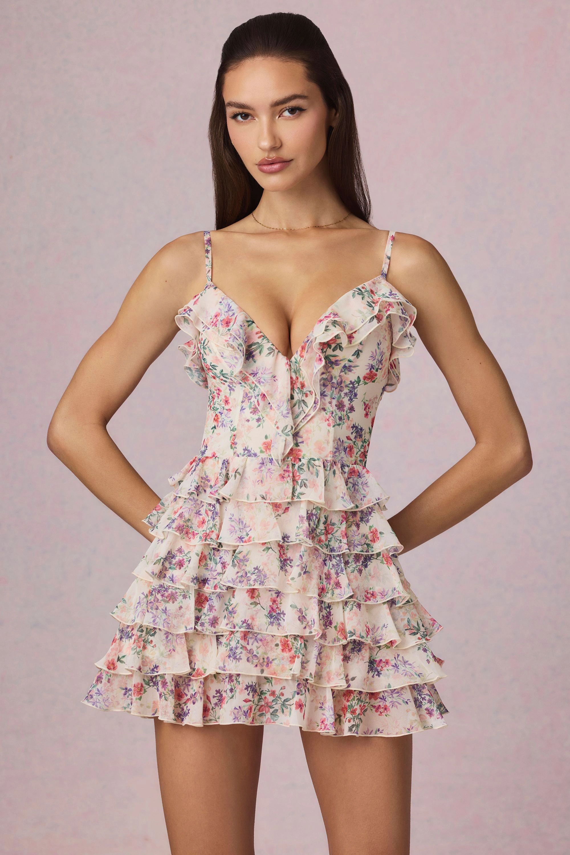 Ruffled Lace-Up A-Line Mini Dress in Primrose Floral Print Dresses - lace dresses best price