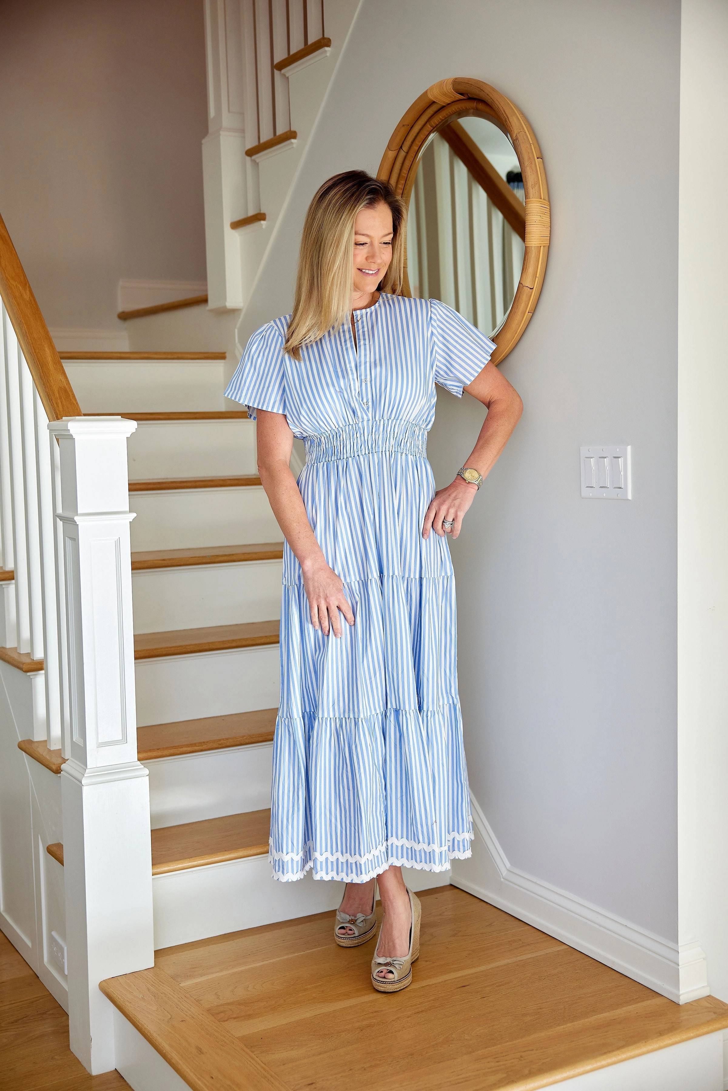 Sail to Sable Cinched Waist Midi Dress - Blue White Stripe