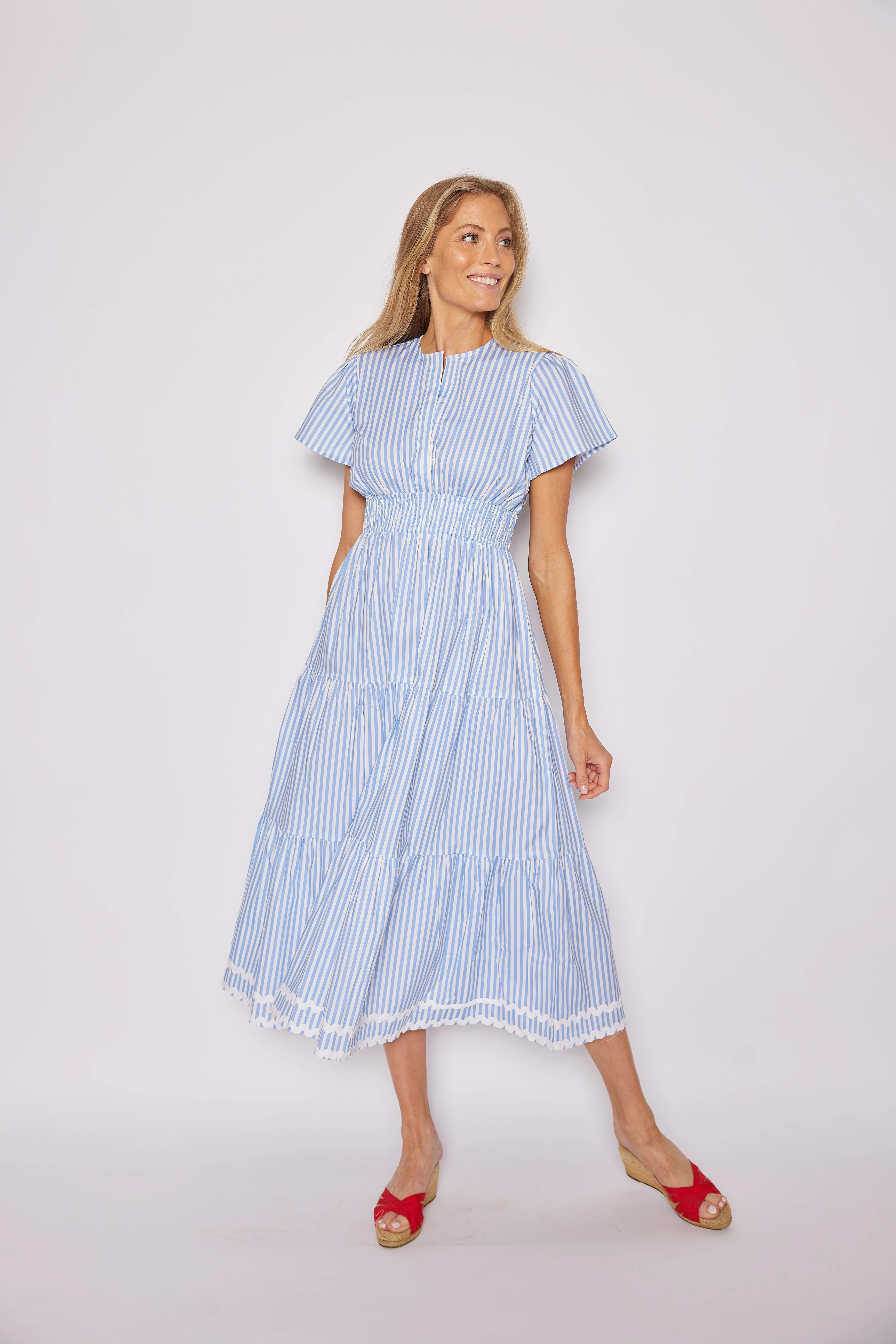 Sail to Sable Cinched Waist Midi Dress - Blue White Stripe