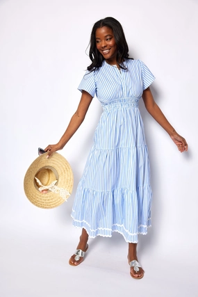 Sail to Sable Cinched Waist Midi Dress - Blue White Stripe summer dresses best deals