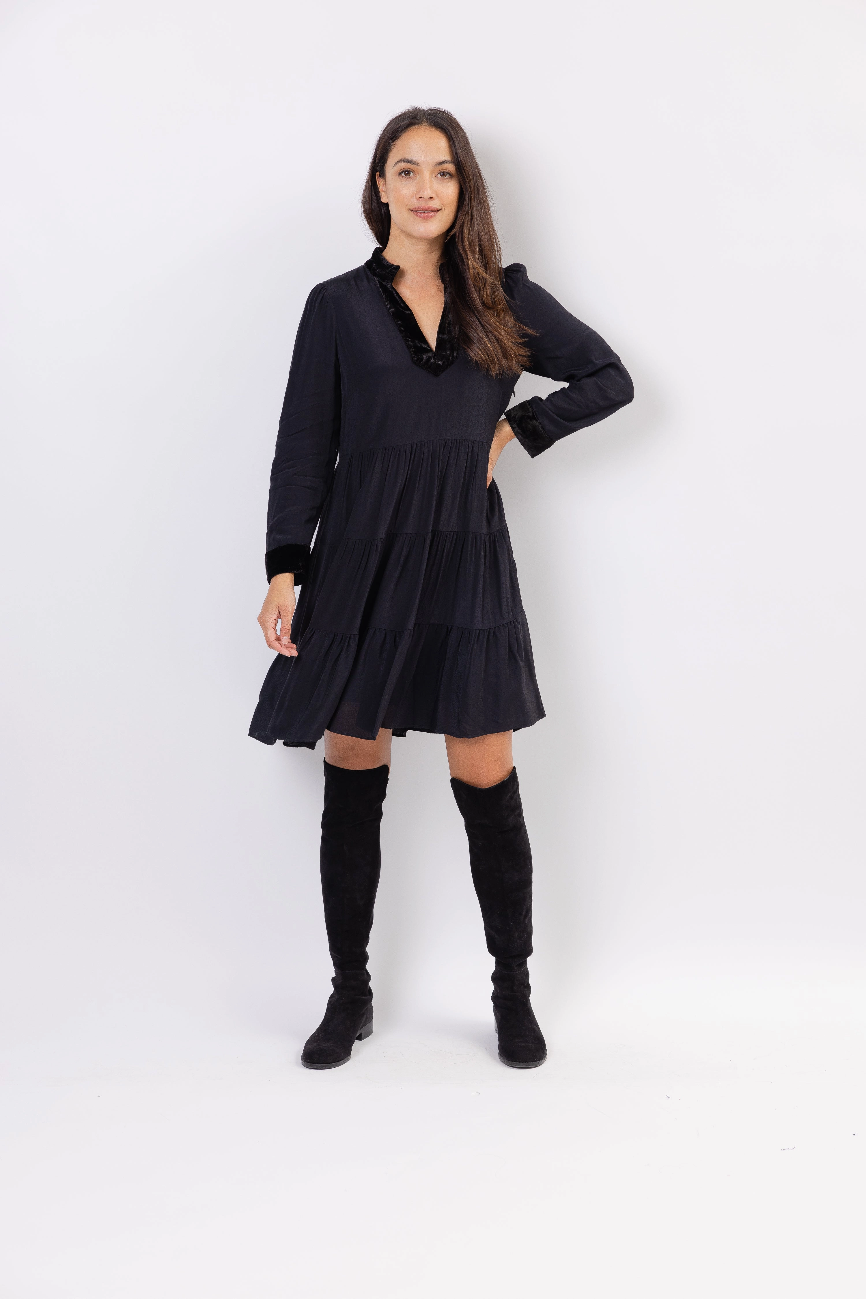 Sail To Sable Flare Tunic Crepe Dress - Black/Velvet