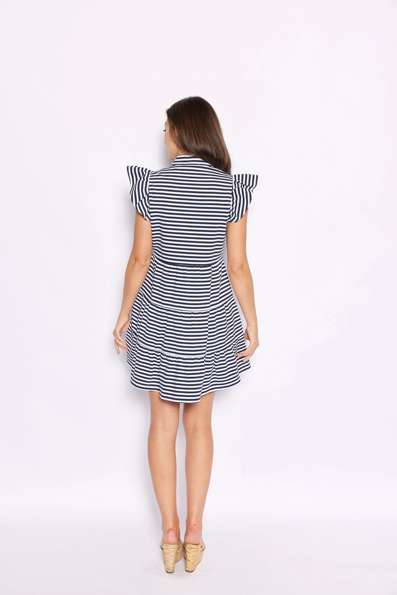 Sail To Sable Flutter Sleeve Flare Tunic Dress - Navy & White Stripe