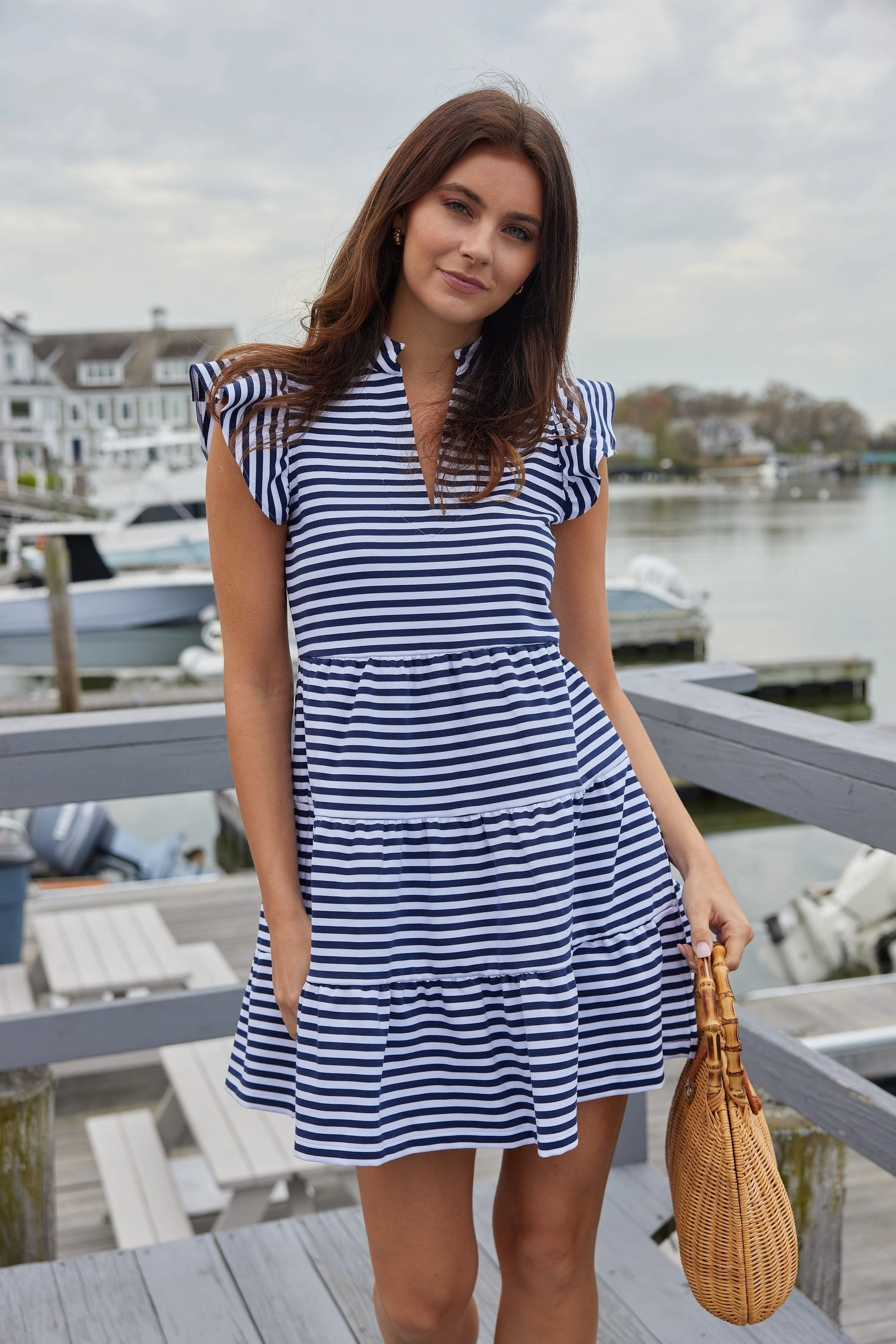Sail To Sable Flutter Sleeve Flare Tunic Dress - Navy & White Stripe summer dresses best deals