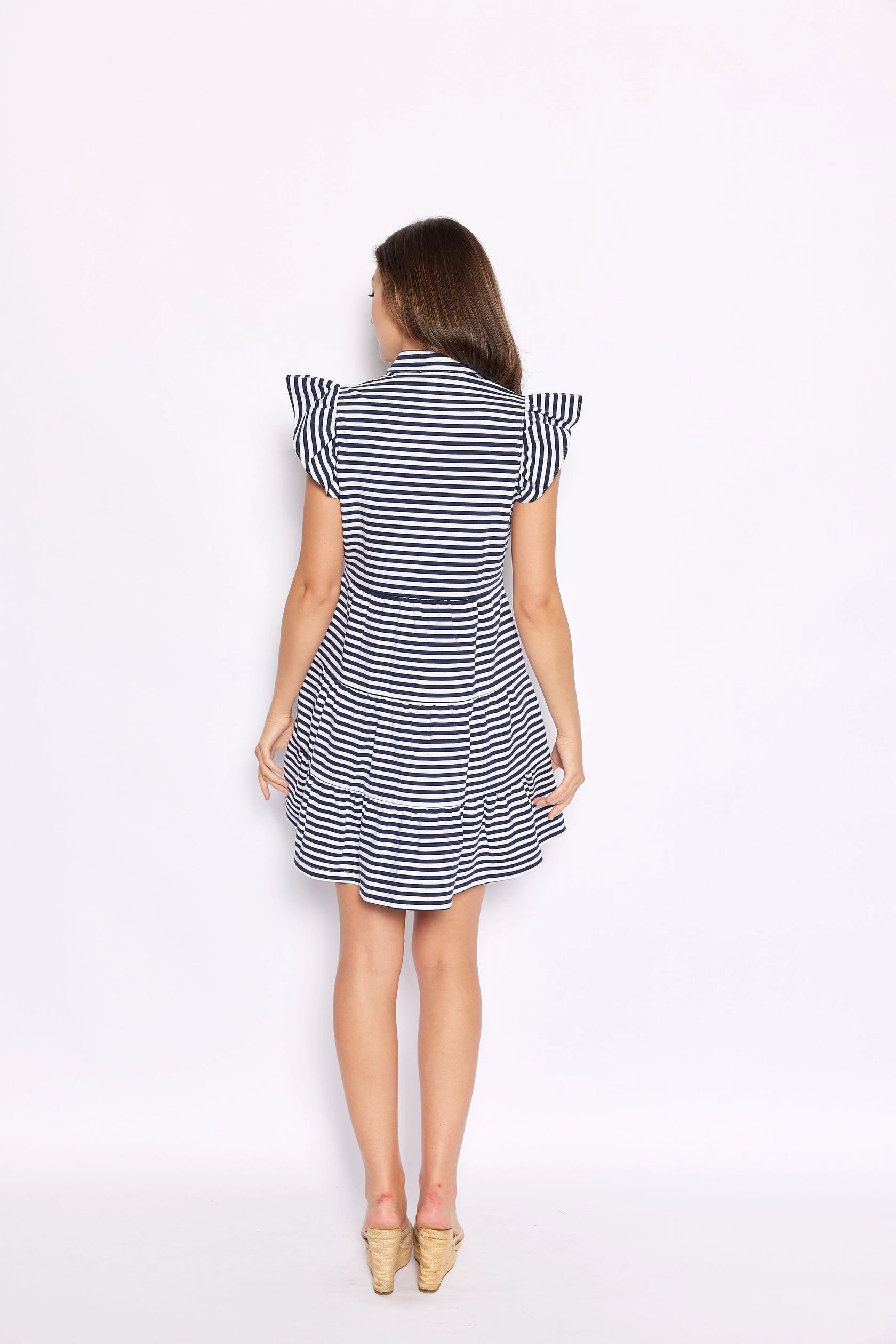 Sail To Sable Flutter Sleeve Flare Tunic Dress - Navy & White Stripe