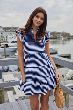 Sail To Sable Flutter Sleeve Flare Tunic Dress - Navy & White Stripe maxi dresses clearance