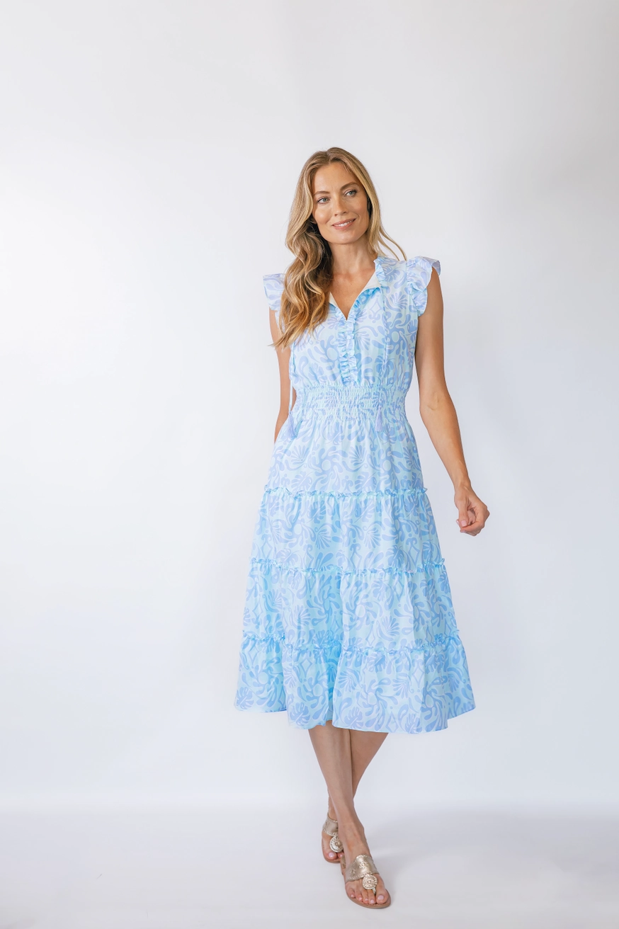 Sail to Sable Flutter Sleeve Midi Dress - Beach Splash