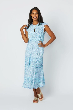Sail to Sable Flutter Sleeve Midi Dress - Blue Multi cheap womens dresses