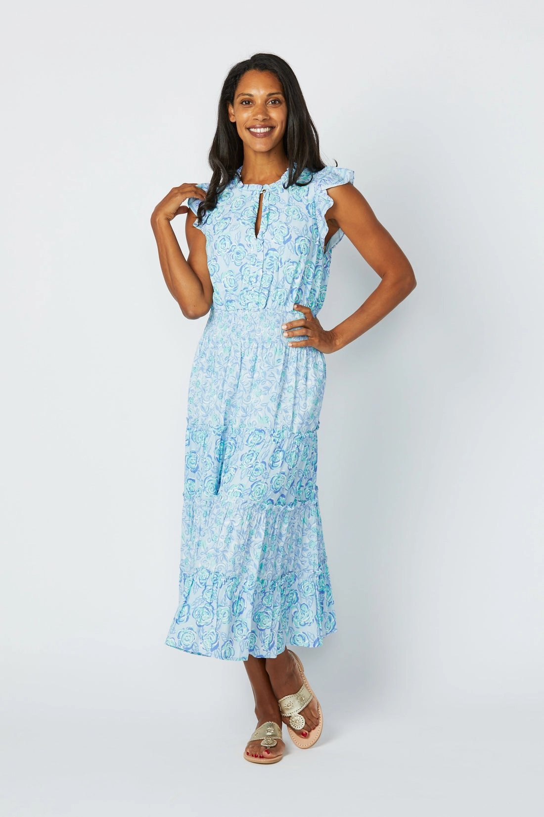 Sail to Sable Flutter Sleeve Midi Dress - Blue Multi maxi dresses clearance
