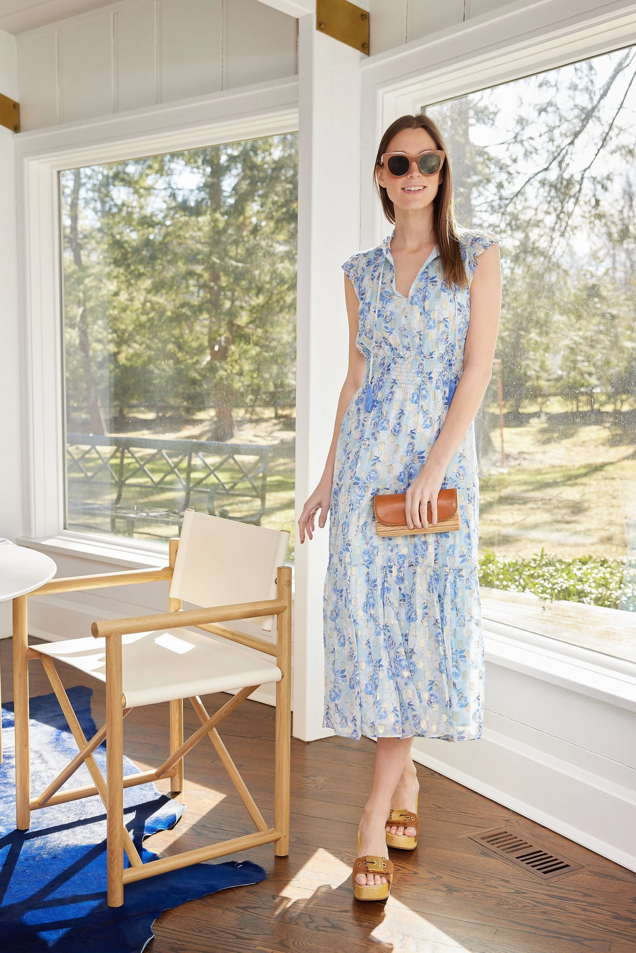 Sail to Sable Flutter Sleeve Midi Dress - Falling Violets Print