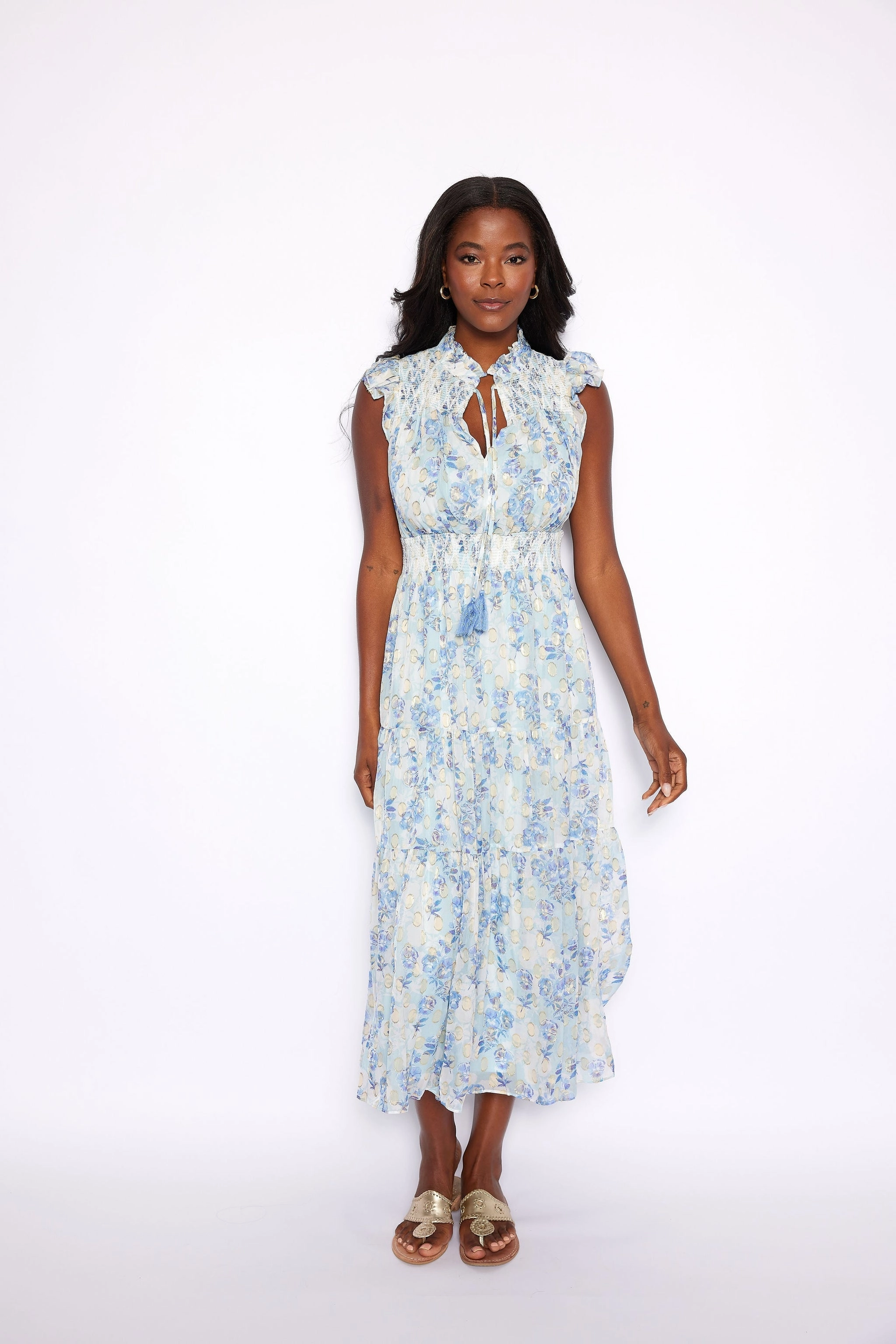 Sail to Sable Flutter Sleeve Midi Dress - Falling Violets Print