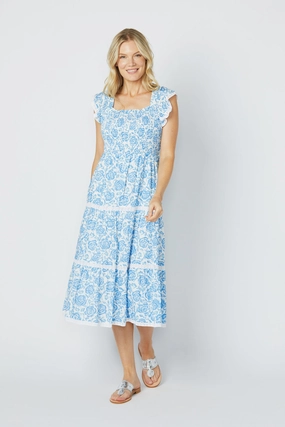 Sail to Sable Flutter Sleeve Smocked Midi Dress - Blue Rose womens gowns outlet
