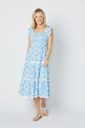 Sail to Sable Flutter Sleeve Smocked Midi Dress - Blue Rose cheap womens dresses
