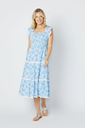 Sail to Sable Flutter Sleeve Smocked Midi Dress - Blue Rose summer dresses best deals