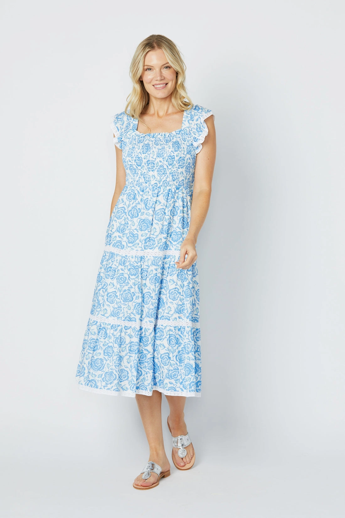 Sail to Sable Flutter Sleeve Smocked Midi Dress - Blue Rose summer dresses best deals
