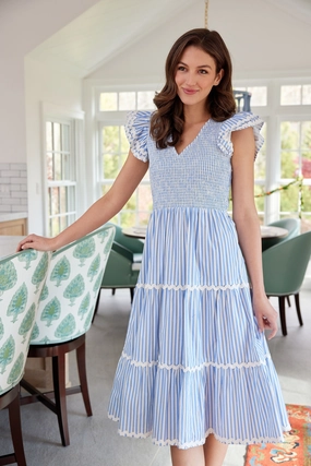 Sail to Sable Flutter Sleeve V-Neck Midi Dress - Blue White Stripe maxi dresses clearance