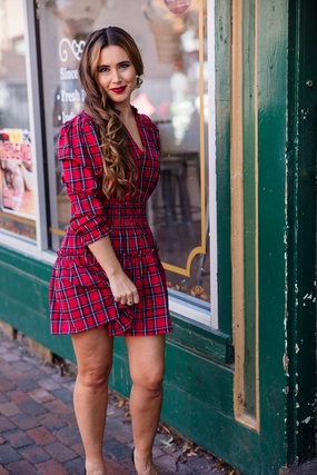 Sail to Sable Isla Smocked Waist Dress - Red Tartan maxi dresses clearance