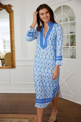 Sail to Sable Long Sleeve Classic Tunic Midi Dress - Blue Ikat womens gowns outlet