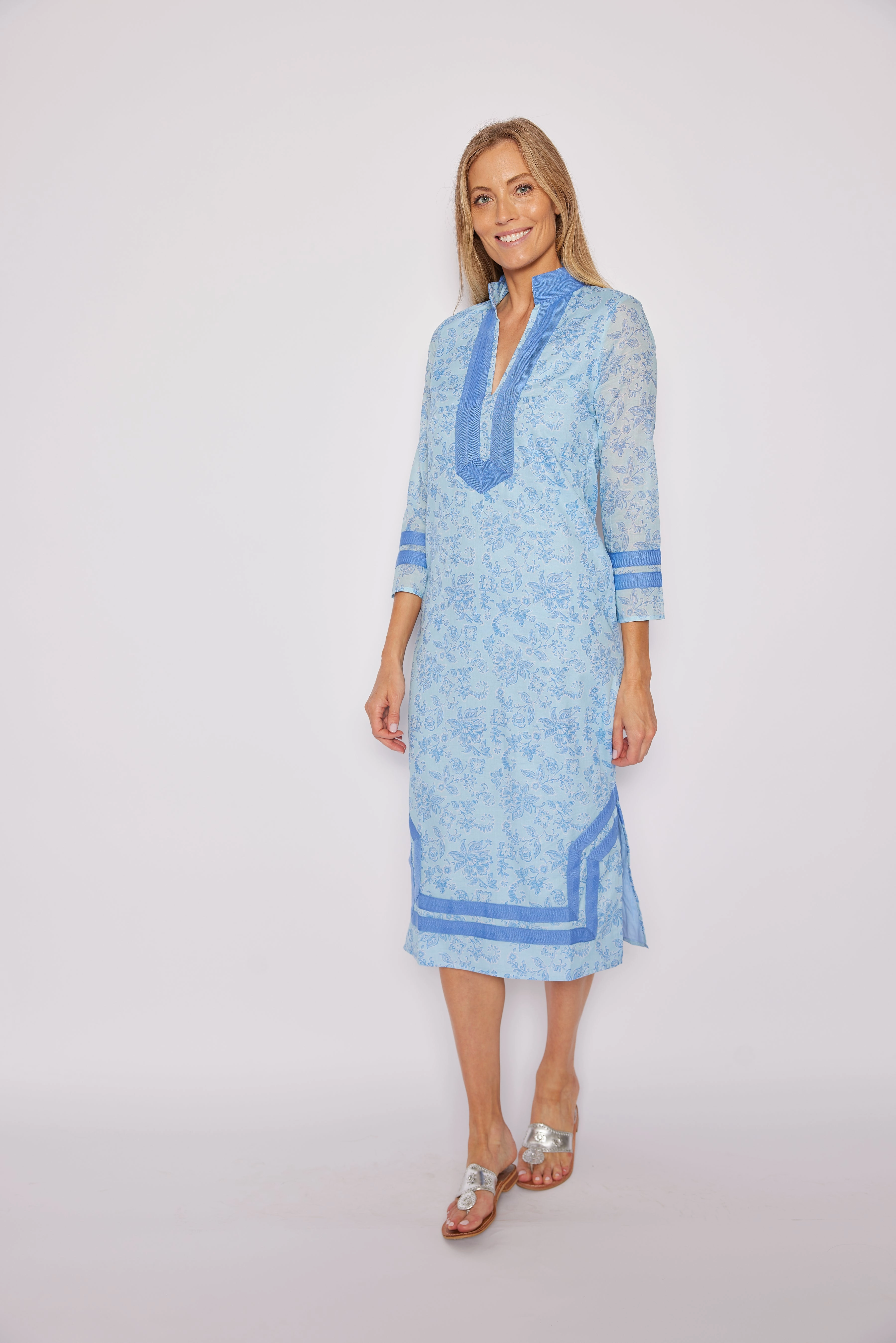 Sail to Sable Long Sleeve Classic Tunic Midi Dress - Sky Baroque Floral