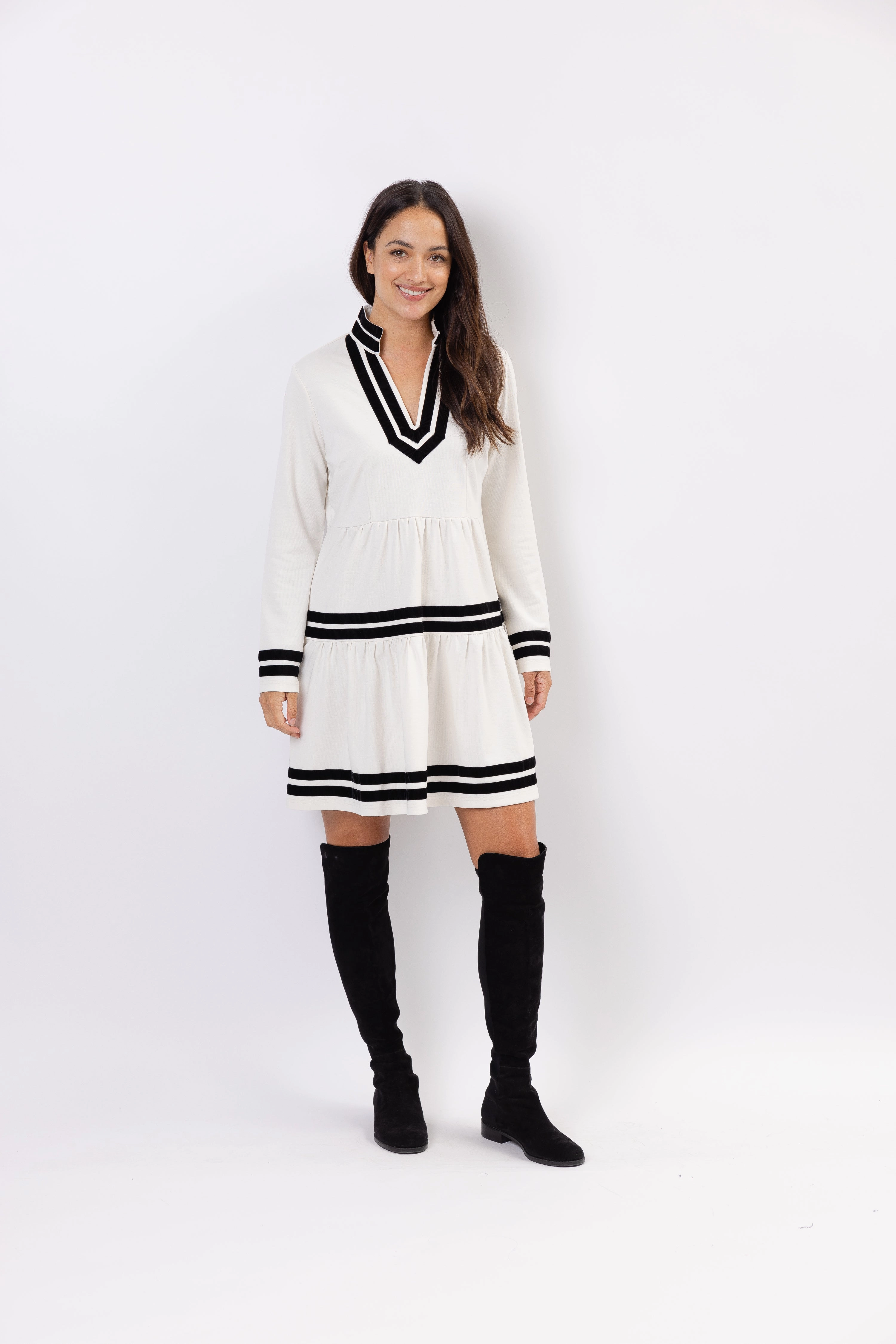 Sail to Sable Long Sleeve Fit & Flare Tunic Dress - Winter White w/ Black Velvet Trim