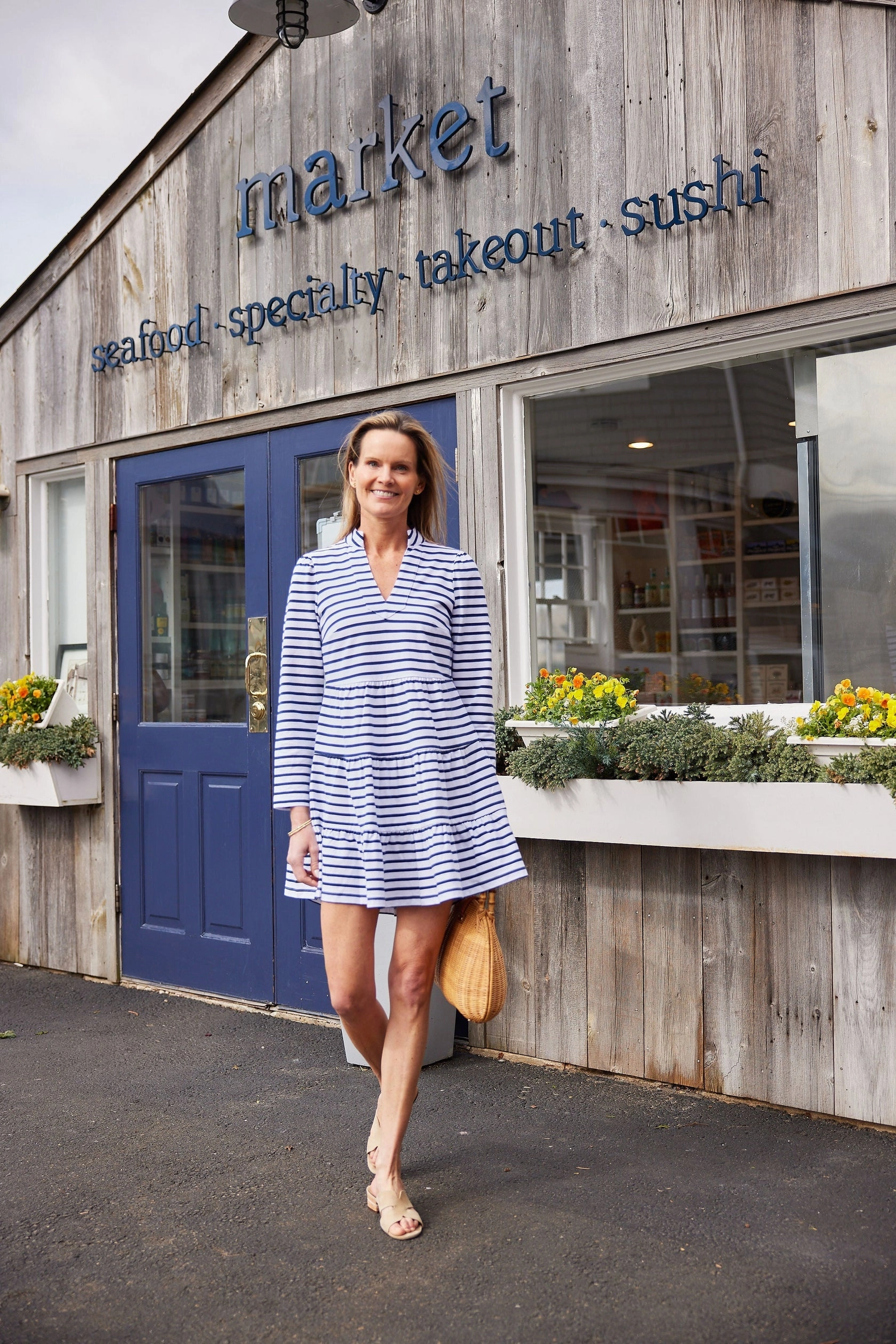 Sail To Sable Long Sleeve Tunic Flare Dress - Navy/White Stripe