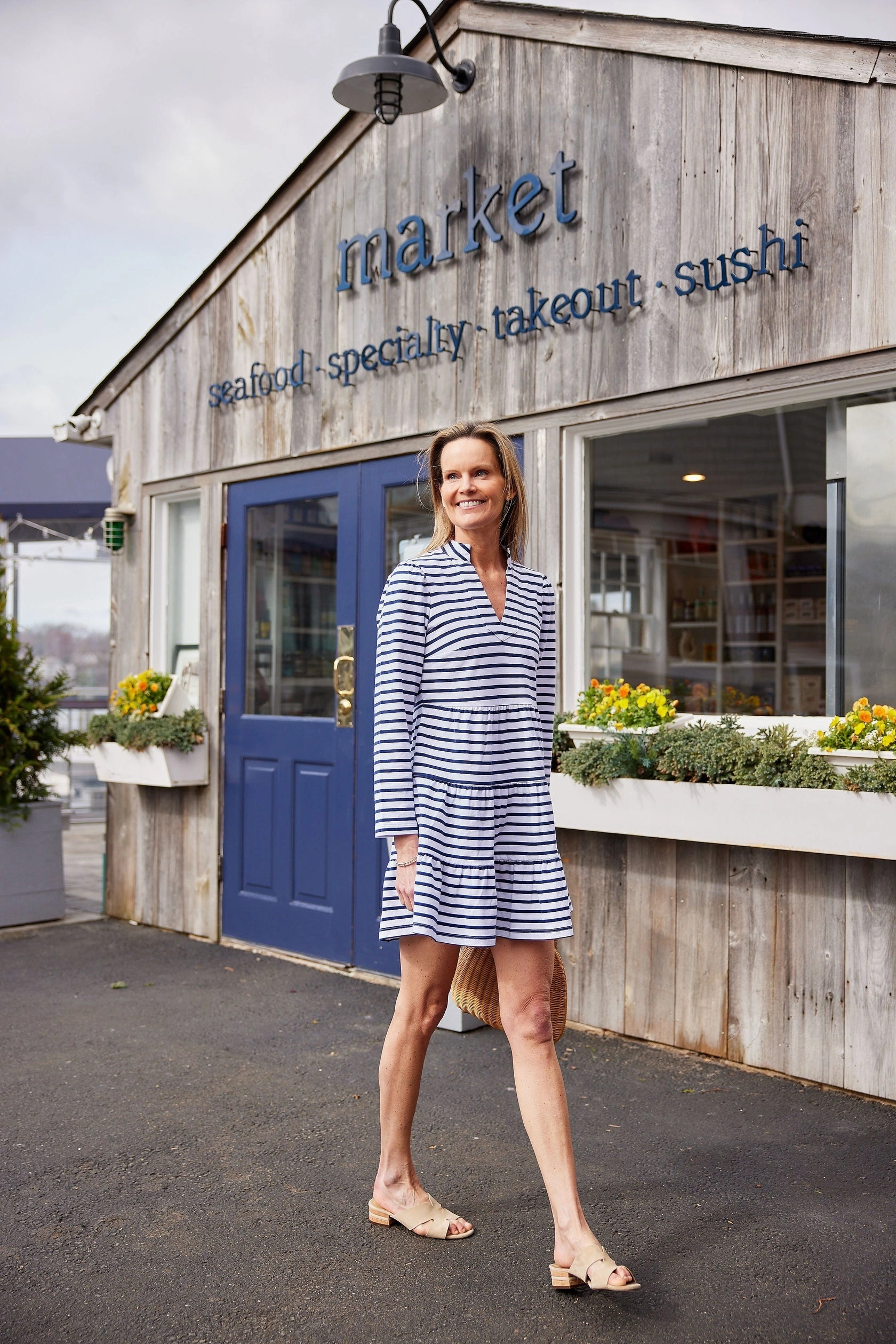 Sail To Sable Long Sleeve Tunic Flare Dress - Navy/White Stripe