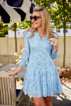 Sail to Sable Long Sleeve Tunic Flare Dress - Sky Baroque maxi dresses clearance