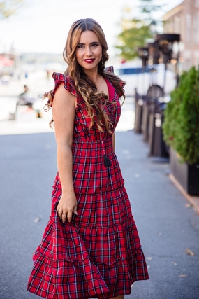 Sail to Sable Mary Midi Dress - Red Tartan womens gowns outlet