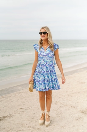 Sail To Sable Poppy Ruffle Neck Dress - Blue Multi summer dresses best deals