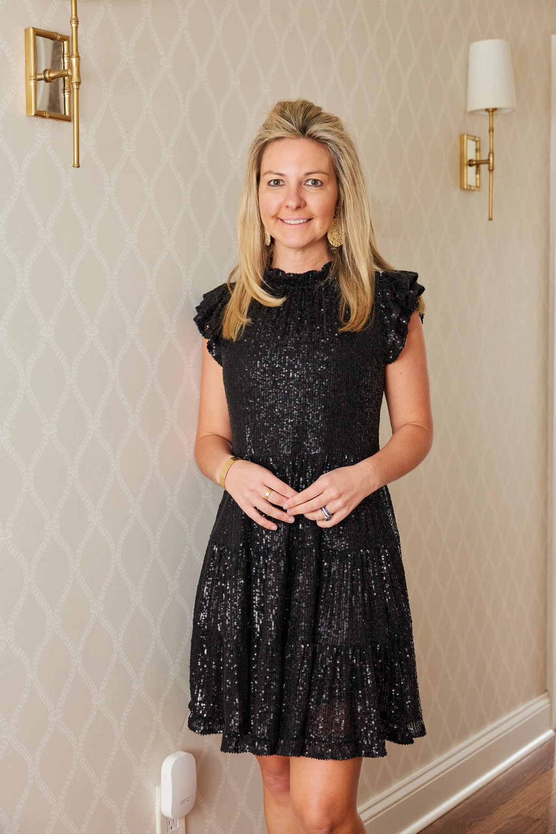 Sail to Sable Ruffle Neck Dress - Black Sequin