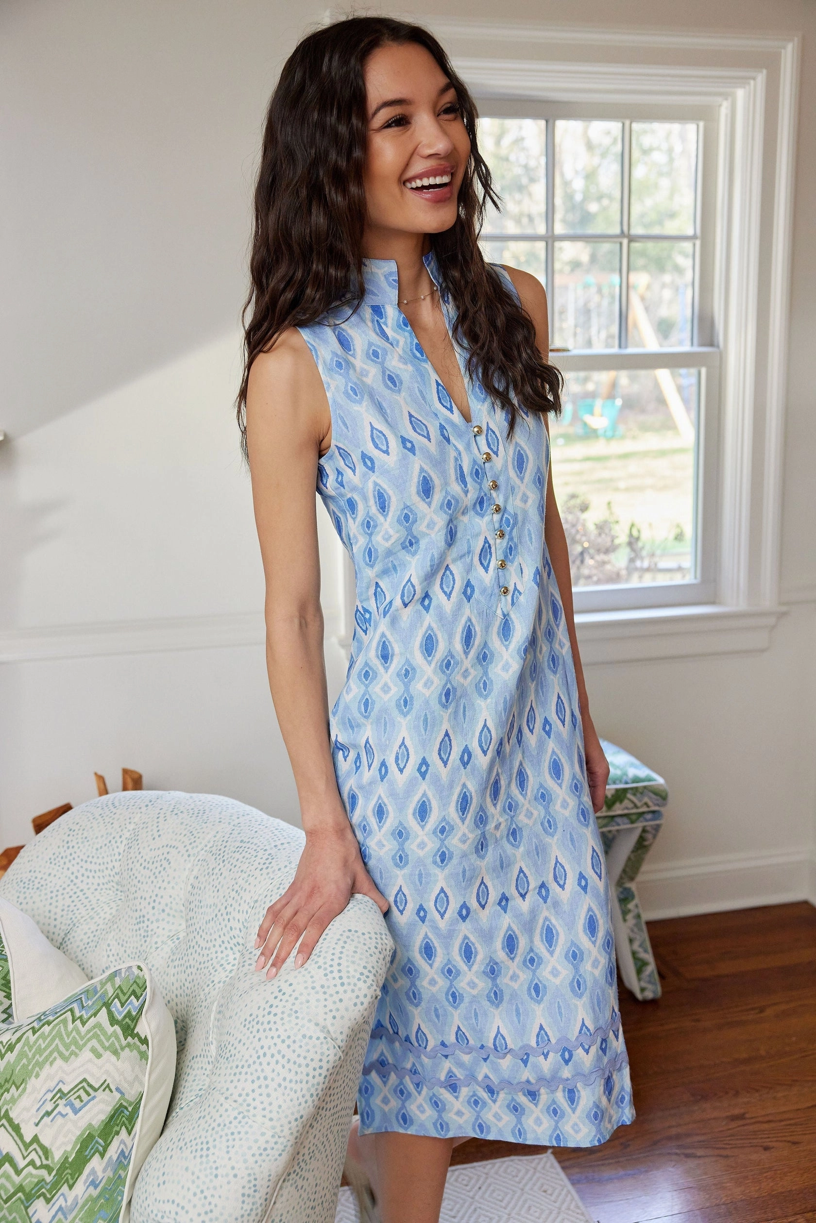 Sail to Sable Sleeveless Button Front Midi Dress - Blue Ikat