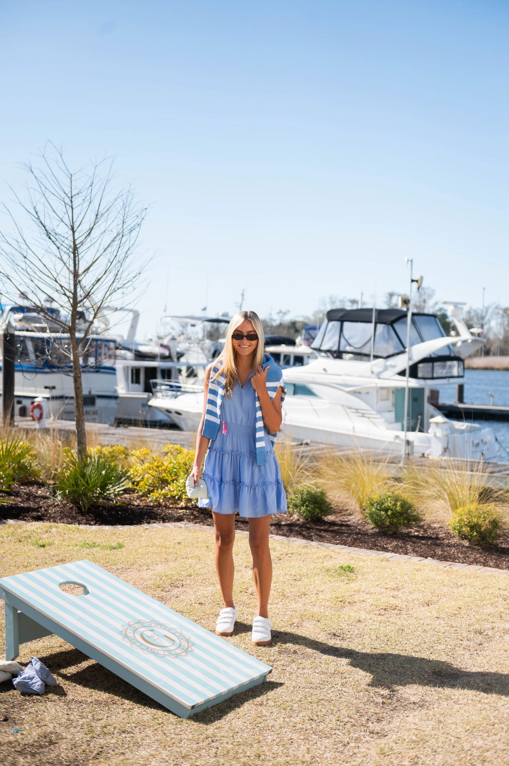 Sail To Sable Sleeveless Smocked Waist Dress With Tassels - Light Blue/Light Pink