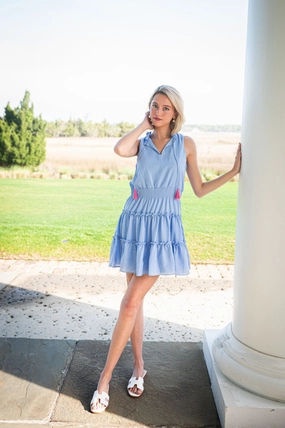 Sail To Sable Sleeveless Smocked Waist Dress With Tassels - Light Blue/Light Pink maxi dresses clearance