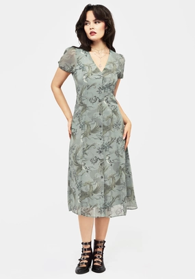 Sapphira Dragon Print Chiffon Button Up Midi Dress Dresses Womens - beach dresses cheap