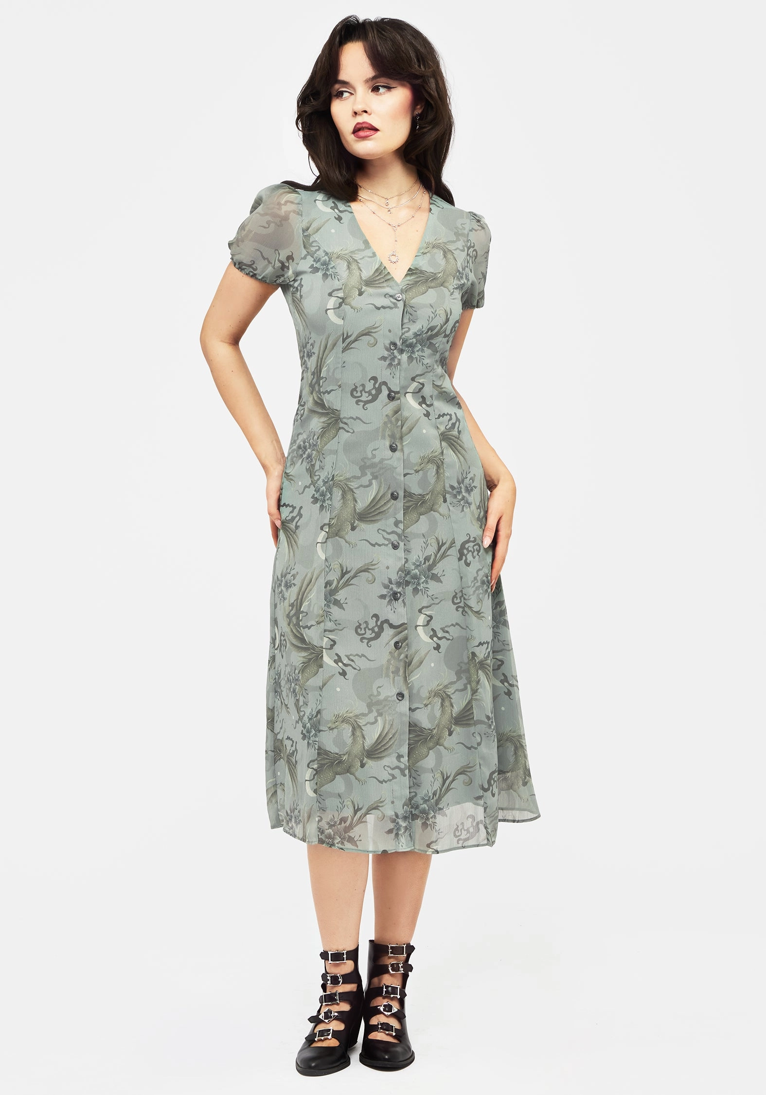 Sapphira Dragon Print Chiffon Button Up Midi Dress Dresses Womens - wedding guest outfits