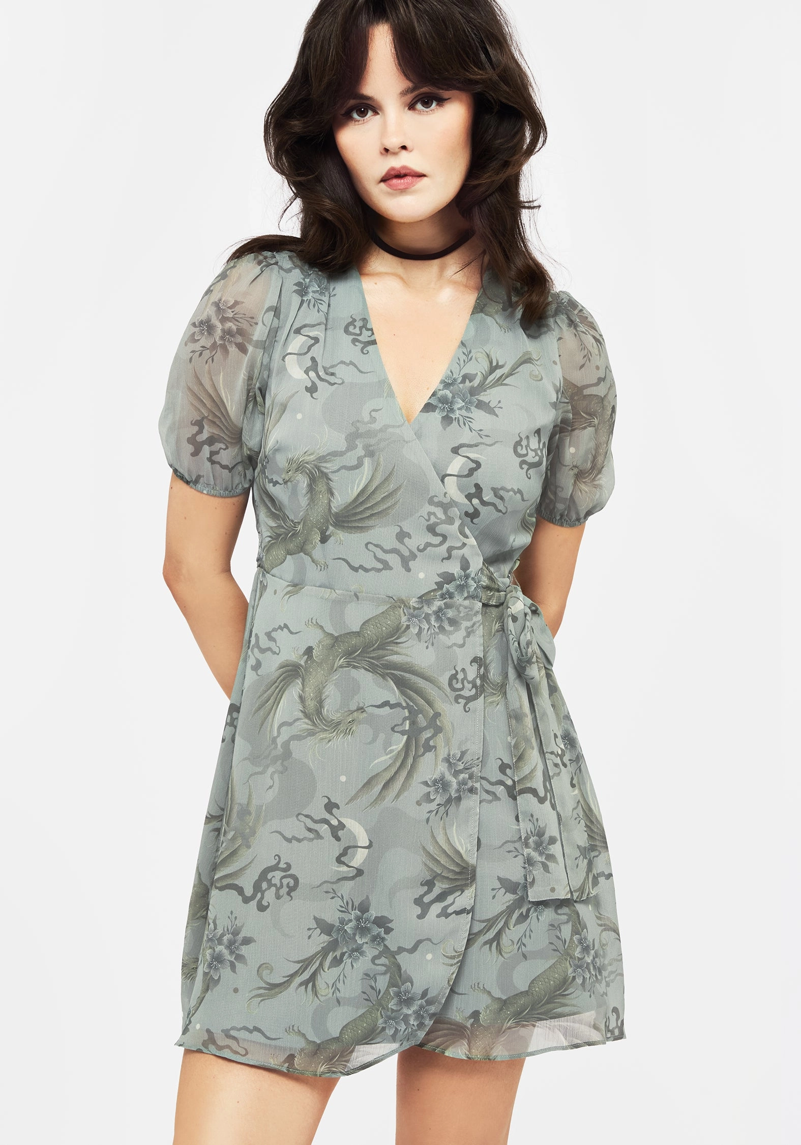 Sapphira Dragon Print Chiffon Mini Wrap Dress Dresses Womens - wedding guest outfits