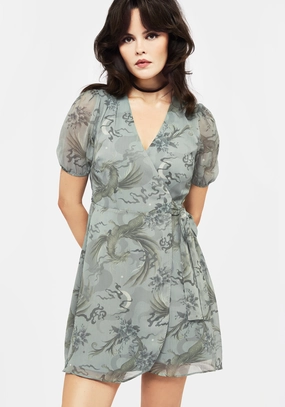 Sapphira Dragon Print Chiffon Mini Wrap Dress Dresses Womens - wedding guest outfits