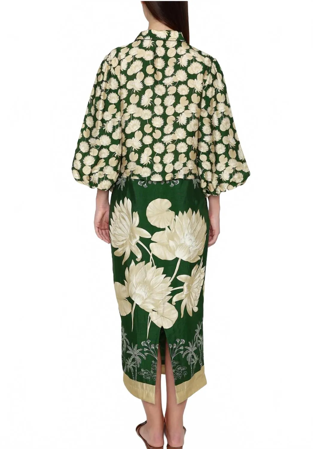 Scarf Pencil Skirt In Emerald And Sand Water Lily