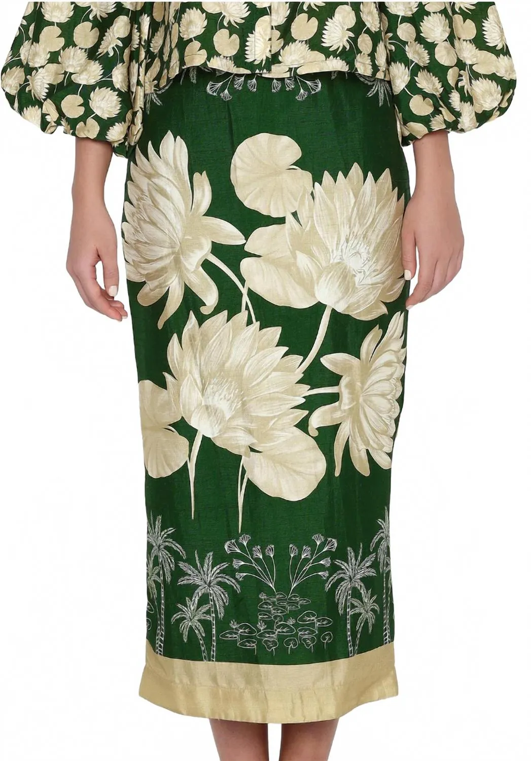 Scarf Pencil Skirt In Emerald And Sand Water Lily