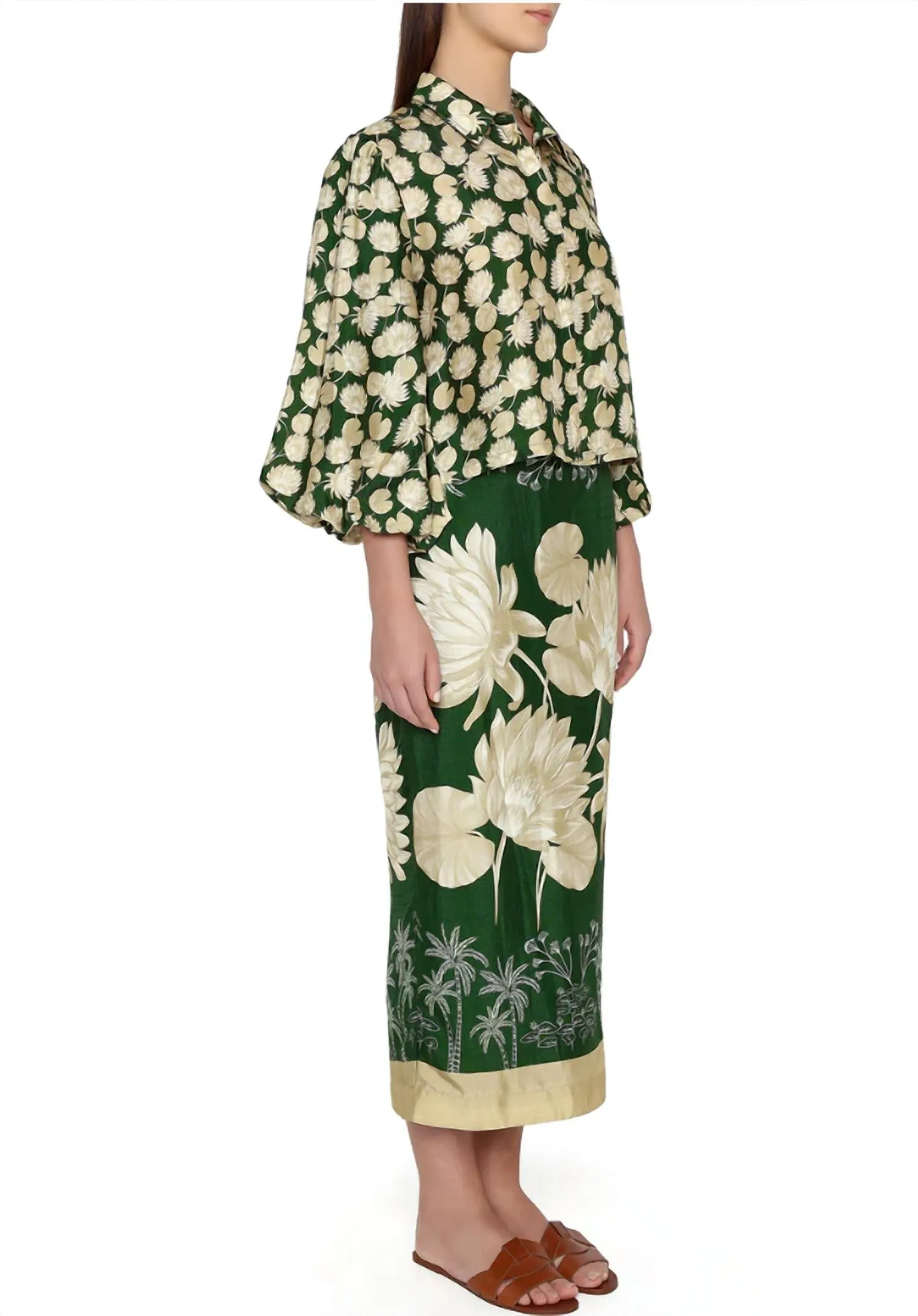 Scarf Pencil Skirt In Emerald And Sand Water Lily