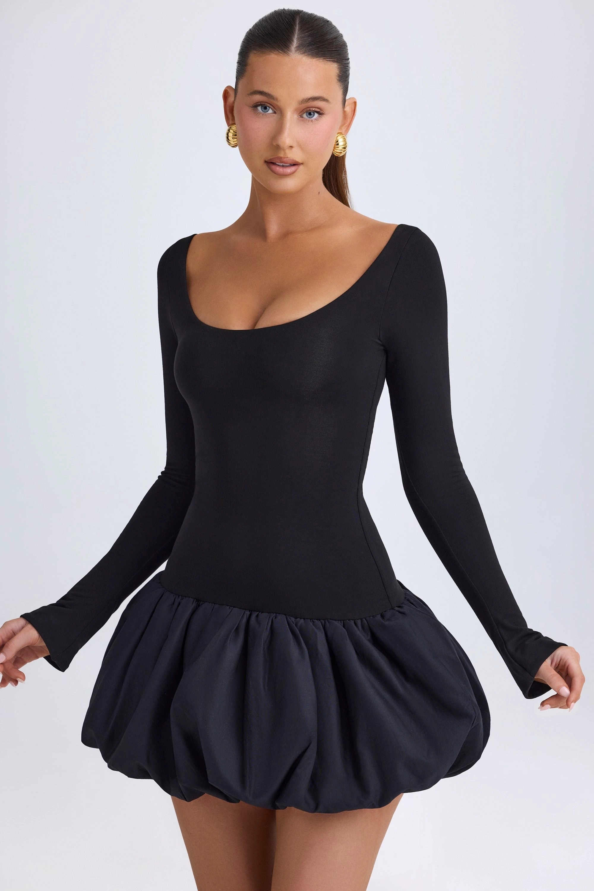 Scoop-Neck Drop-Waist Bubble Hem Mini Dress in Black Dresses - lace dresses best price