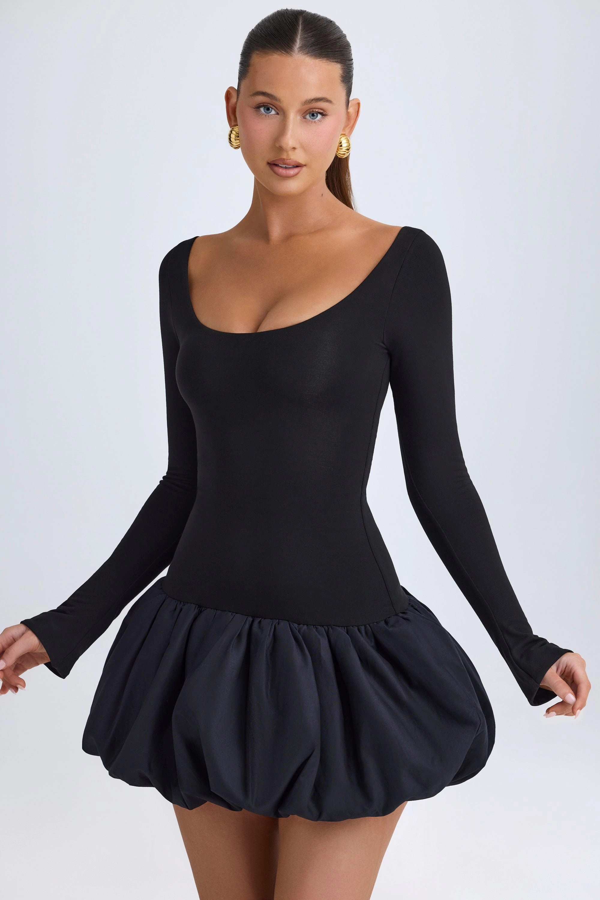 Scoop-Neck Drop-Waist Bubble Hem Mini Dress in Black Dresses - sundresses outlet