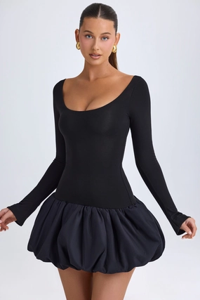 Scoop-Neck Drop-Waist Bubble Hem Mini Dress in Black Dresses - sundresses outlet