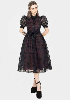Sedona Organza Check Embroidered Puff Sleeve Midi Shirt Dress Dresses Womens - beach dresses cheap