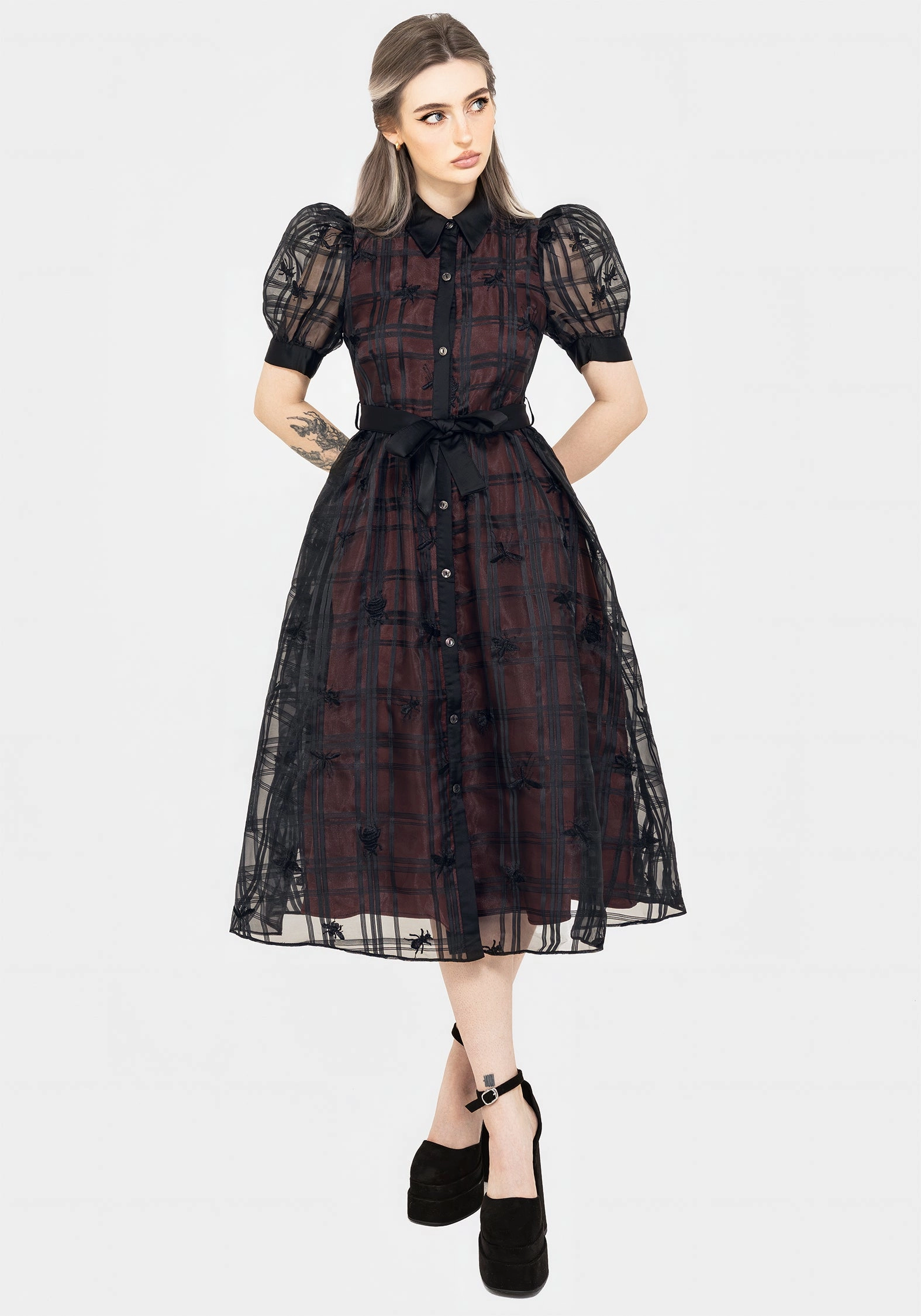 Sedona Organza Check Embroidered Puff Sleeve Midi Shirt Dress Dresses Womens - beach dresses cheap