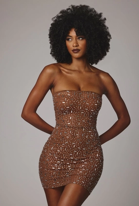 Sheer Embellished Bodycon Mini Dress in Mocha Dresses - wrap dresses discount