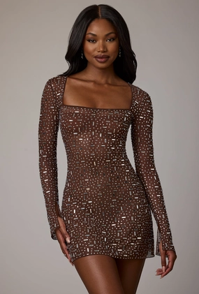 Sheer Embellished Long Sleeve A-Line Mini Dress in Deep Cocoa Dresses - lace dresses best price