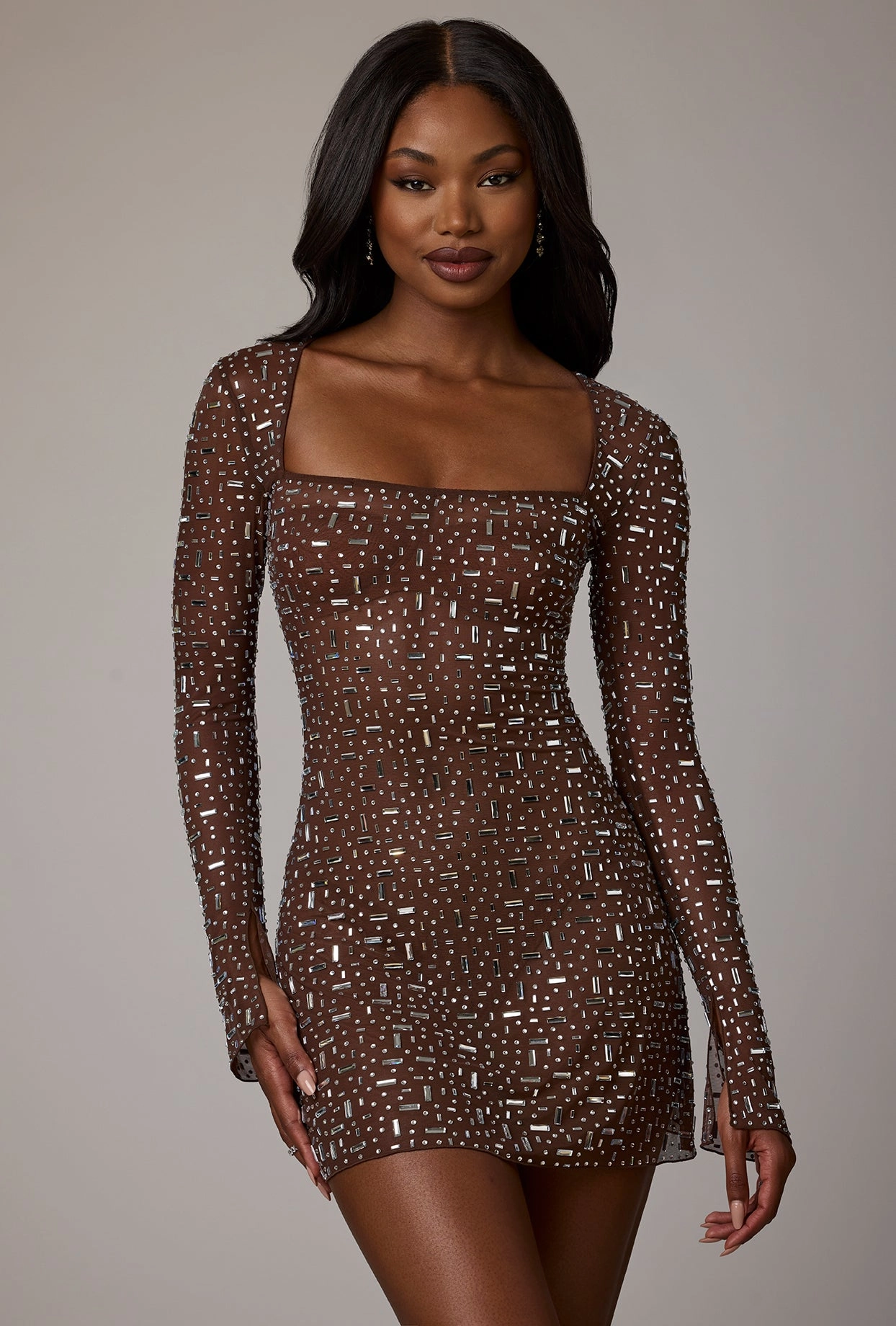 Sheer Embellished Long Sleeve A-Line Mini Dress in Deep Cocoa Dresses - lace dresses best price